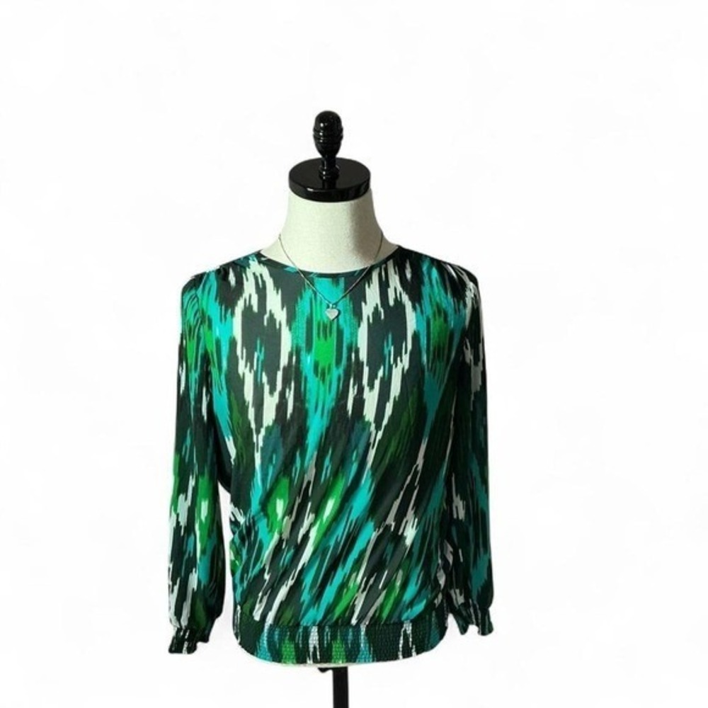 Michael Kors Green Ikat Print Smocked Hem Blouse Top PH44KCH15C Womens Medium